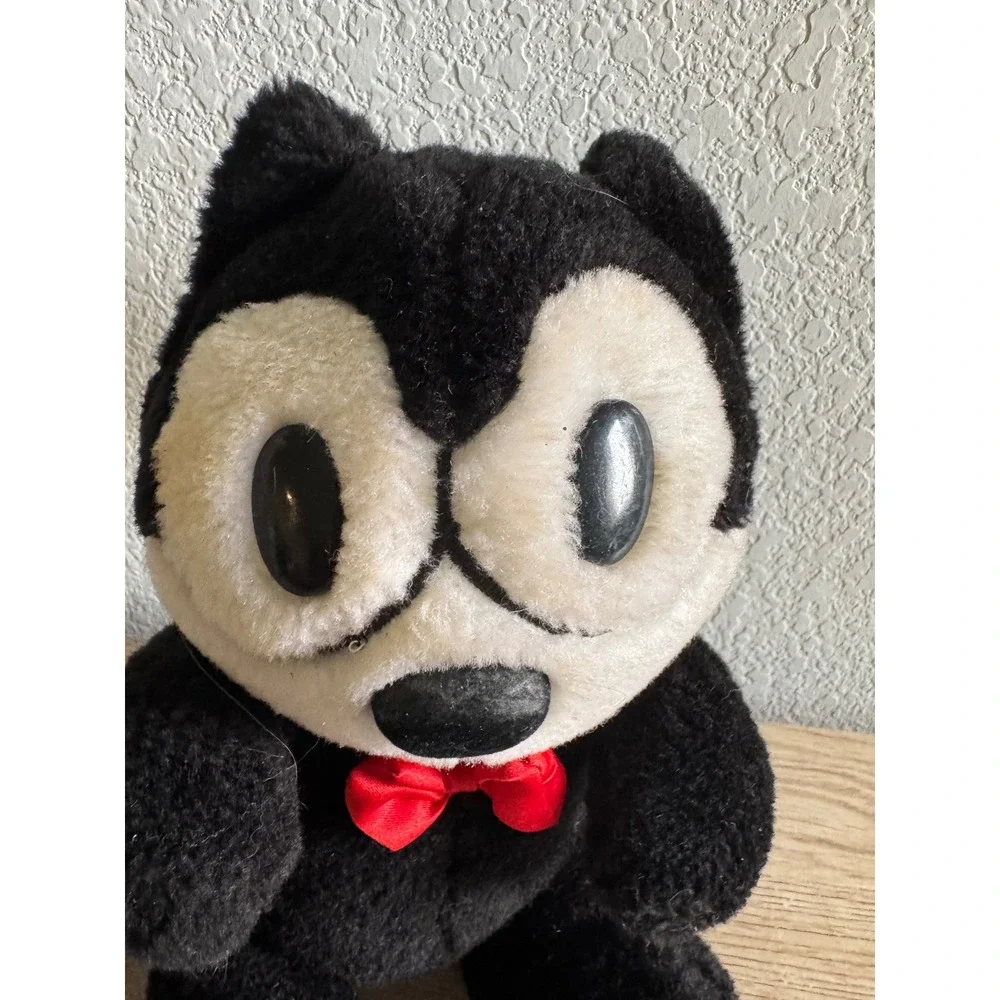 Felix the Cat Plush Stuffed Animal A&A Amusement Red Bow Vintage 7 inch Stained